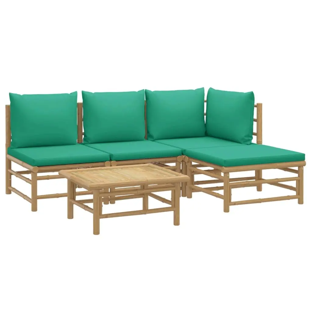5 Piece Bamboo Garden Lounge Set Outdoor Furniture with Green Cushions Brown