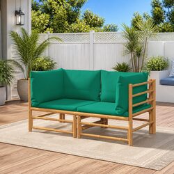 Bamboo Garden Corner Sofa Set 2 Pieces Outdoor Furniture with Green Cushions
