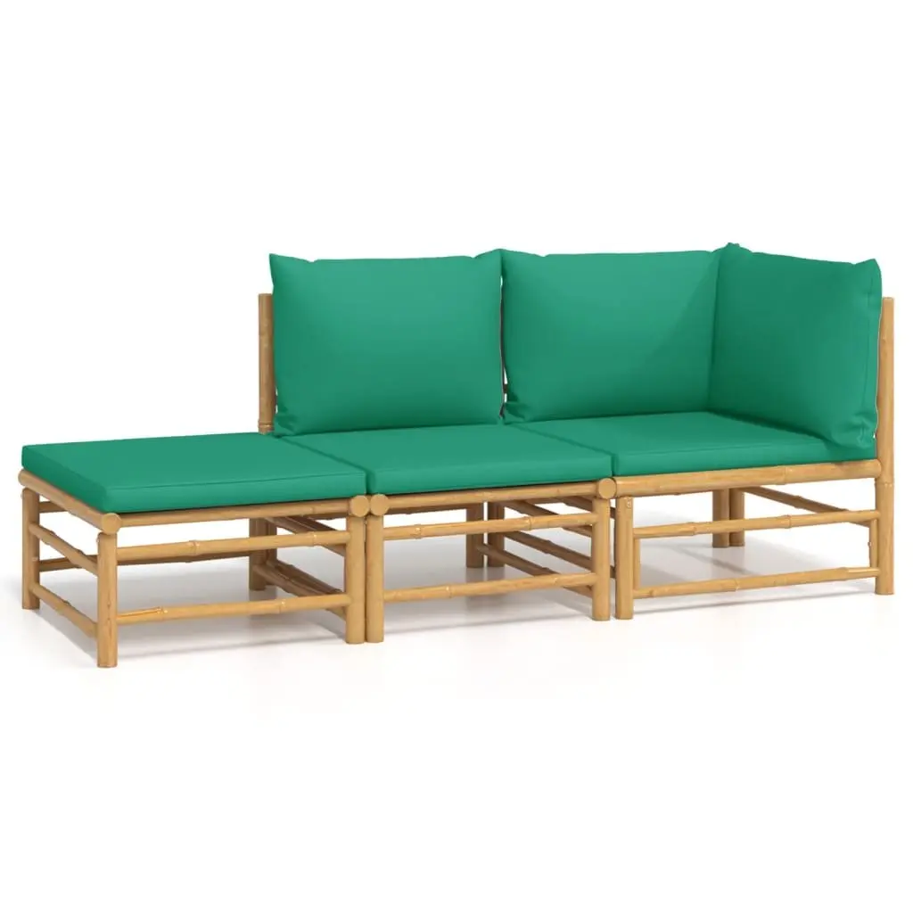 3 Piece Bamboo Garden Lounge Set Outdoor Furniture with Green Cushions Brown