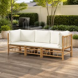 3 Piece Bamboo Garden Lounge Set Outdoor Furniture with Cream Cushions Brown