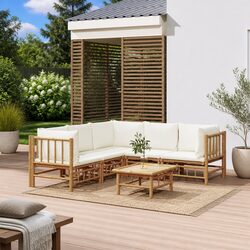 Garden Lounge Set 6 Piece Bamboo Outdoor Furniture with Cream Cushions Table