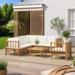 7 Piece Garden Lounge Set Outdoor Bamboo Furniture with Cream White Cushions