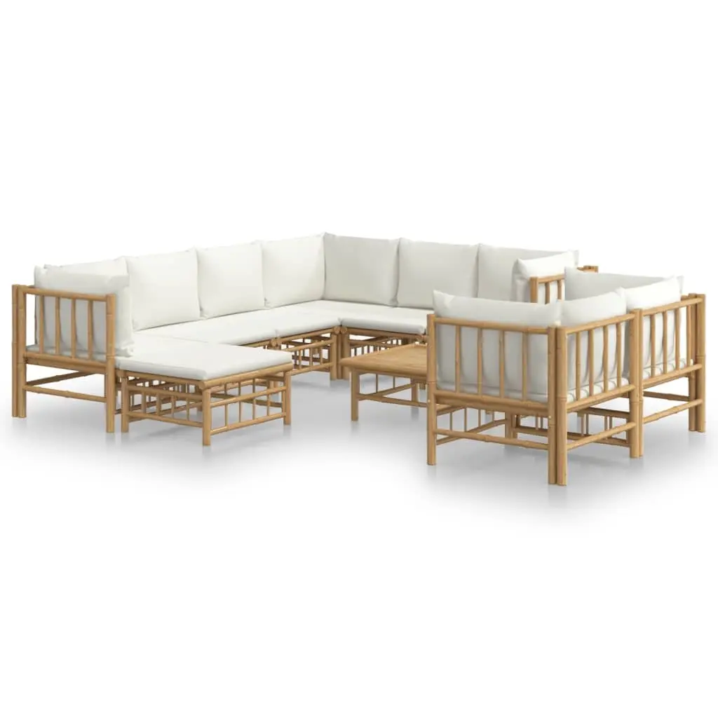 Garden Lounge Set 10 Pieces Bamboo Outdoor Furniture Sofa with Cushions Cream White