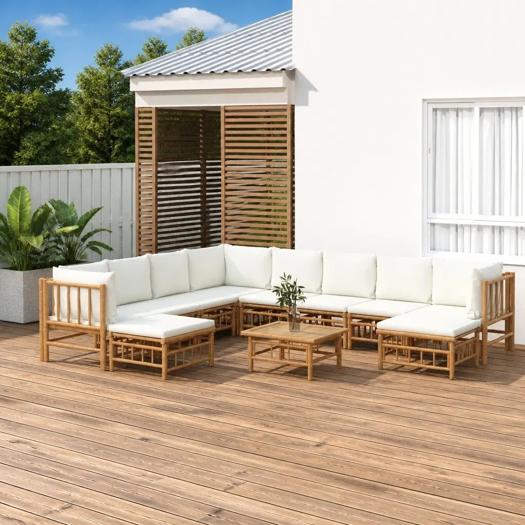 Garden Lounge Set 11 Pieces Bamboo Outdoor Furniture with Cream Cushions Brown