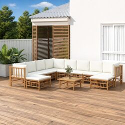 Garden Lounge Set 11 Pieces Bamboo Outdoor Furniture with Cream Cushions Brown
