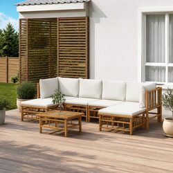 7 Piece Garden Lounge Set Outdoor Furniture Bamboo with Cream Cushions Backrest