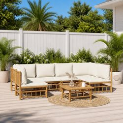 7 Piece Bamboo Garden Lounge Set Outdoor Furniture with Cream White Cushions
