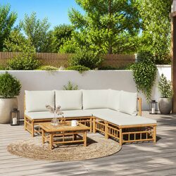 6 Piece Garden Lounge Set Outdoor Furniture Bamboo with Cream Cushions Patio