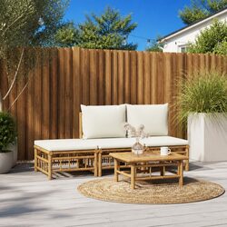 Garden Lounge Set 4 Piece Outdoor Furniture Brown Bamboo with Cream Cushions