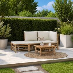 3 Piece Bamboo Garden Lounge Set Outdoor Furniture with Cream Cushions Brown