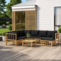Bamboo Garden Lounge Set 8 Piece Outdoor Furniture Dark Grey Cushions Brown