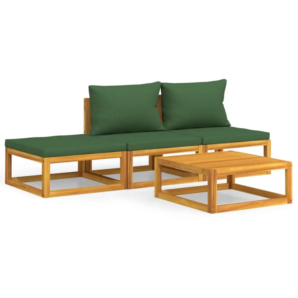 4 Piece Garden Lounge Set Outdoor Furniture Solid Wood with Green Cushions