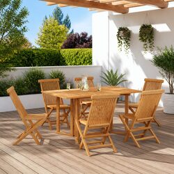 Outdoor Dining Set 7 Pieces Brown Teak Wood Rectangular Table Chairs Garden