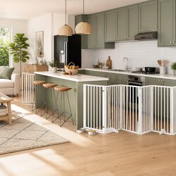 Dog Gate Foldable 9 Panels with Door White Poplar Wood Pet Safety Barrier