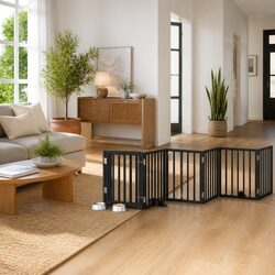 Dog Gate with Door Foldable 9 Panels Black 450cm Poplar Wood Pet Barrier