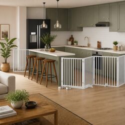 Dog Gate Foldable 8 Panels White Poplar Wood Pet Safety Barrier Door Enclosure