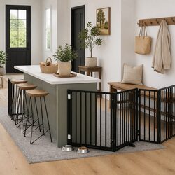 Dog Gate with Door Foldable 8 Panels Black 640cm Poplar Wood Pet Pen Barrier