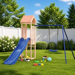 Outdoor Playset Swing Set Wooden Climbing Frame Wave Slide Sandpit Brown Garden