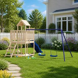 Wooden Outdoor Playset Swing Set Climbing Frame Wave Slide Sandbox Children