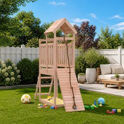 Wooden Playhouse Climbing Wall Slide Sandbox Backyard Play Equipment Brown