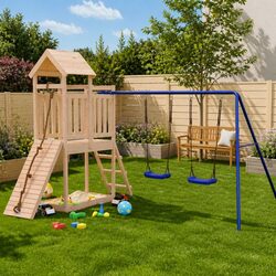 Wooden Outdoor Playset with Swing Slide Climbing Wall Sandbox Brown Garden