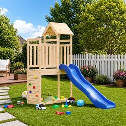 Outdoor Playset Wooden Climbing Frame Slide Sandbox Rockwall Kids Backyard