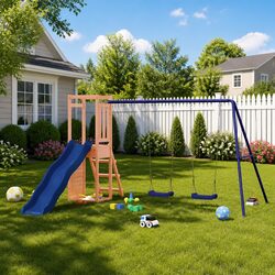 Outdoor Playset Wooden Swing Set Climbing Frame Wave Slide Rockwall Sandpit