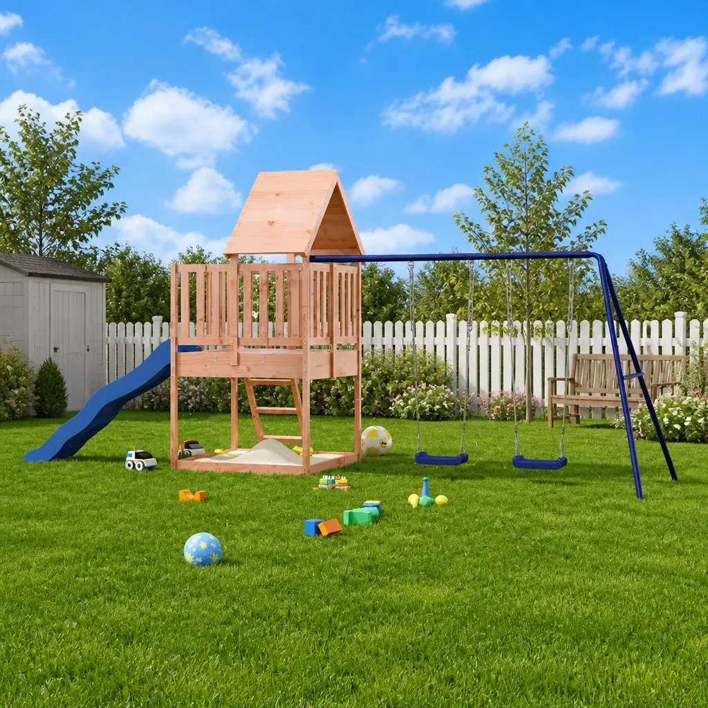 Outdoor Playset Solid Wood Climbing Frame Wave Slide Double Swing Sandpit Brown
