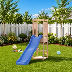 Outdoor Playset Solid Wood Climbing Frame Wave Slide Sandbox Platform Kids