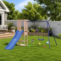 Outdoor Playset Swing Slide Sandpit Climbing Frame Brown Wooden Garden Toy