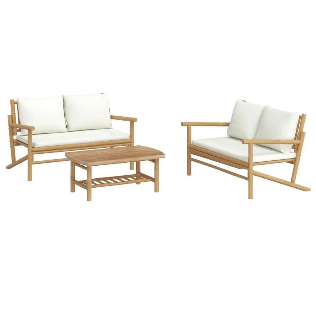 Bamboo Garden Lounge Set 3 Piece Outdoor Furniture with Cream Cushions Brown