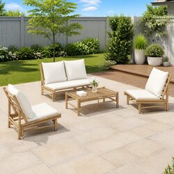 4 Piece Bamboo Garden Lounge Set Outdoor Furniture with Cream Cushions Brown