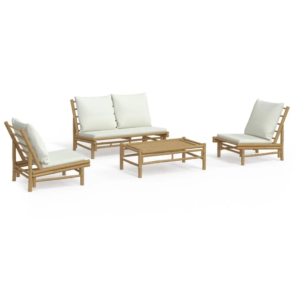 4 Piece Bamboo Garden Lounge Set Outdoor Furniture Cream Cushions Brown