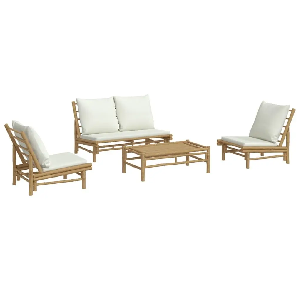 4 Piece Bamboo Garden Lounge Set Outdoor Furniture Cream Cushions Brown