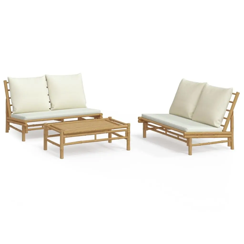 3 Piece Bamboo Garden Lounge Set Outdoor Furniture with Cream Cushions Brown