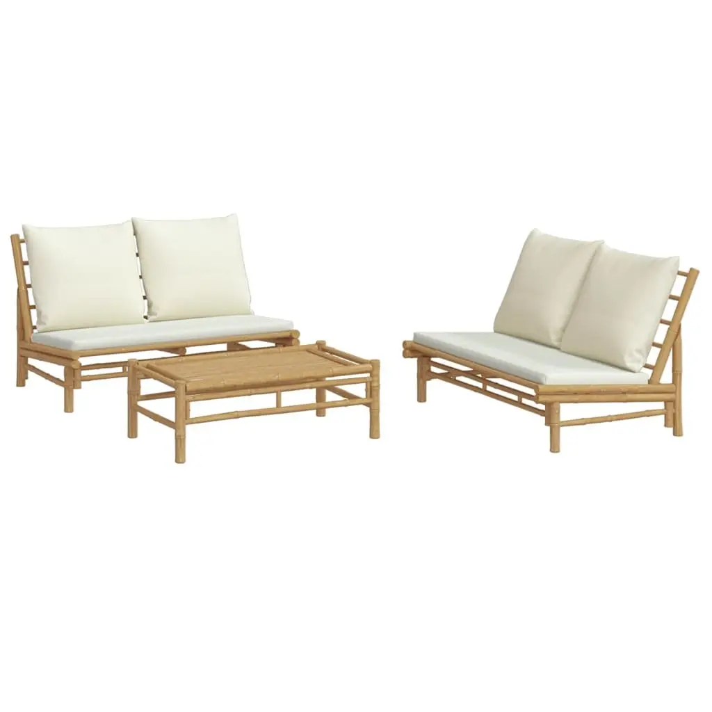 3 Piece Bamboo Garden Lounge Set Outdoor Furniture with Cream Cushions Brown