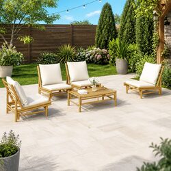5 Piece Outdoor Garden Lounge Set Bamboo Furniture with Cream White Cushions