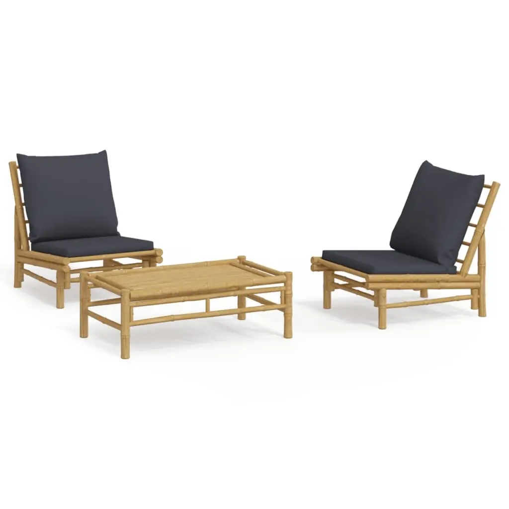 3 Piece Garden Lounge Set Bamboo Outdoor Furniture with Cushions Brown Dark Grey