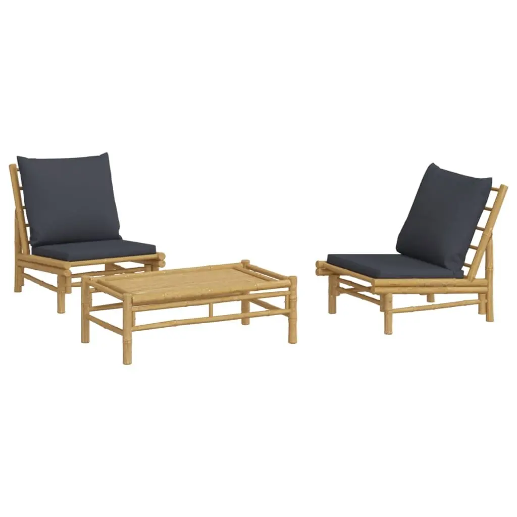 3 Piece Garden Lounge Set Bamboo Outdoor Furniture with Cushions Brown Dark Grey