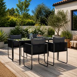 5 Piece Outdoor Garden Dining Set Black PE Rattan Steel Frame Tempered Glass