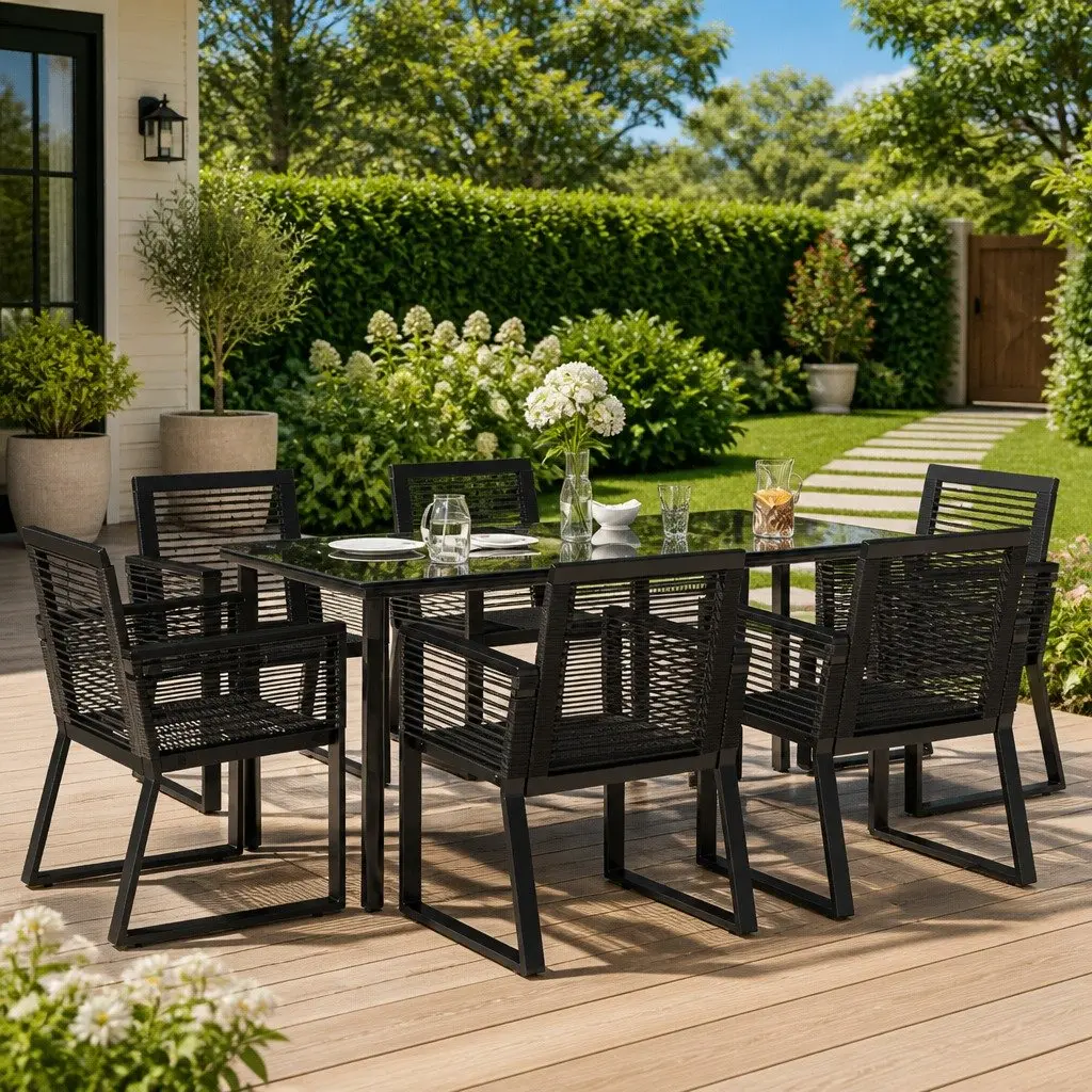 Garden Dining Set 7 Piece Outdoor Furniture Black Rattan Chairs Table