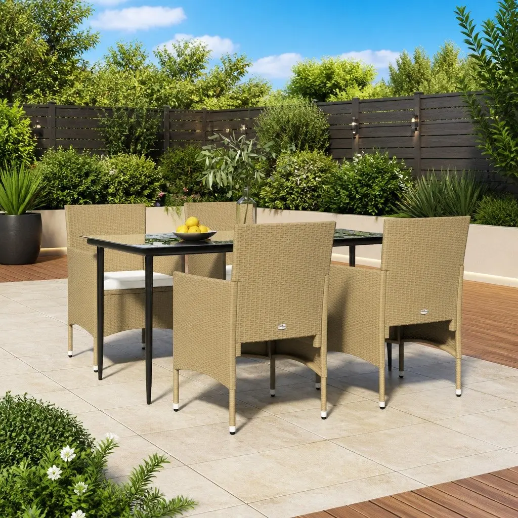 5 Piece Garden Dining Set Outdoor Rattan Chairs Table Cushions Beige Black