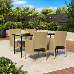 5 Piece Garden Dining Set Outdoor Rattan Chairs Table Cushions Beige Black