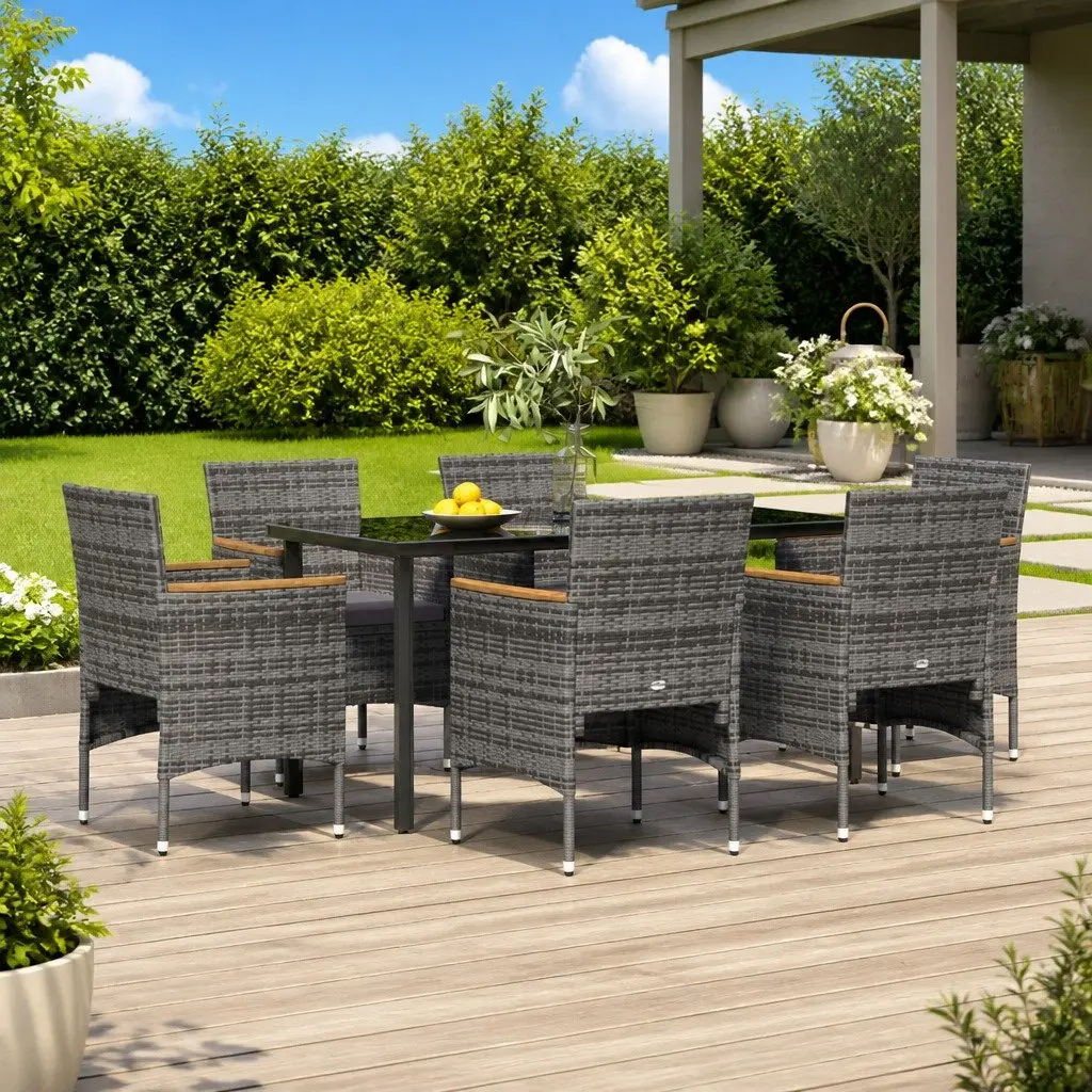 Garden Dining Set 7 Piece Weather-resistant PE Rattan Frame Grey Outdoor Patio Furniture with Cushions