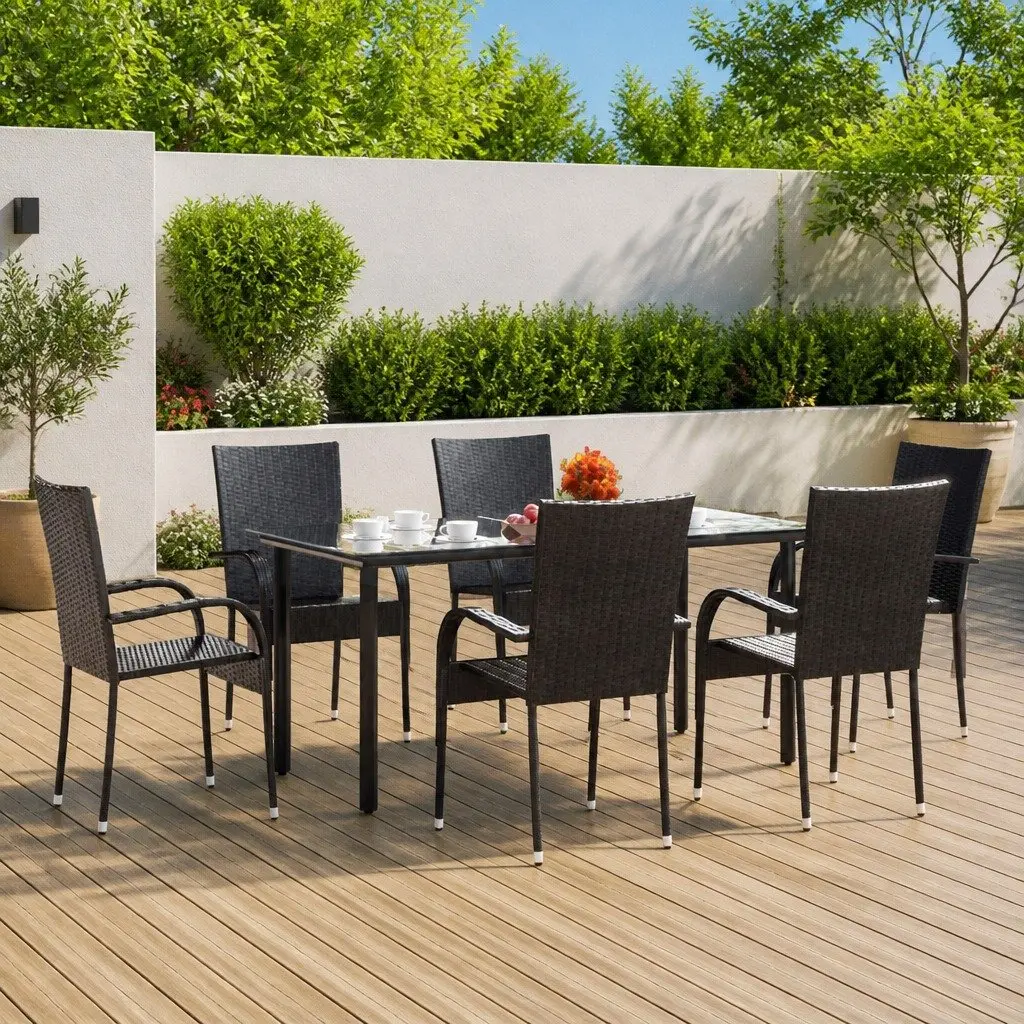7 Piece Outdoor Dining Set Black Poly Rattan Garden Furniture Patio Table Chairs