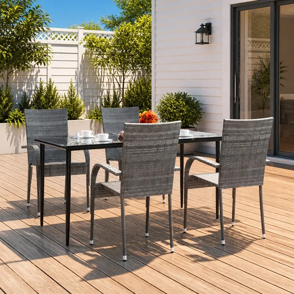 Garden Dining Set 5 Piece Outdoor Furniture Grey PE Rattan Steel Frame Tempered Glass Table Chairs
