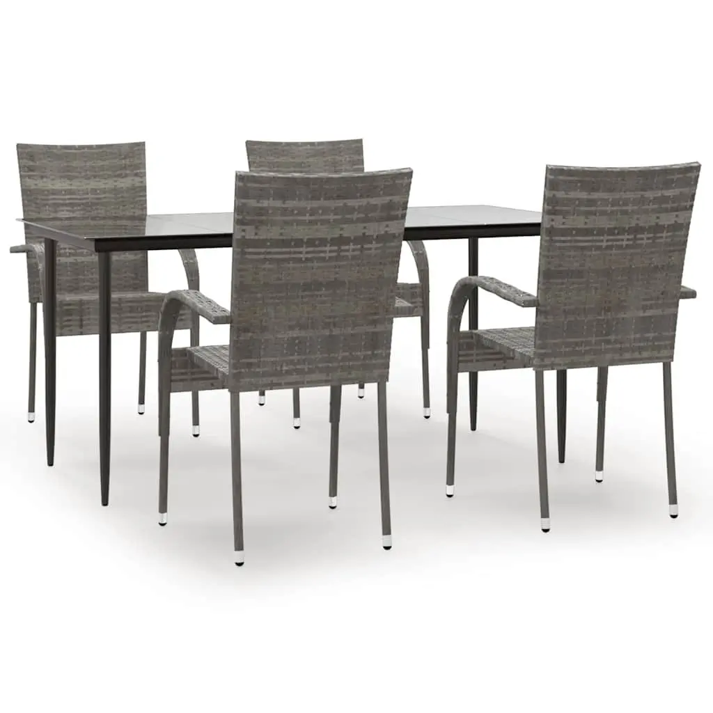 Garden Dining Set 5 Piece Outdoor Furniture Grey PE Rattan Steel Frame Tempered Glass Table Chairs