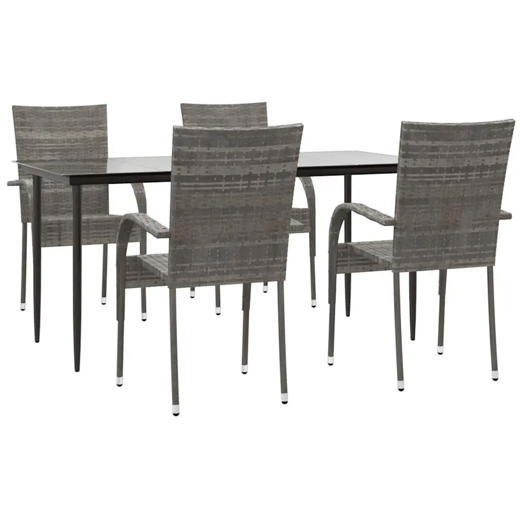 Garden Dining Set 5 Piece Outdoor Furniture Grey PE Rattan Steel Frame Tempered Glass Table Chairs