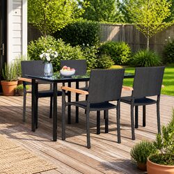 5 Piece Garden Dining Set Black Poly Rattan Outdoor Patio Furniture Table Chairs