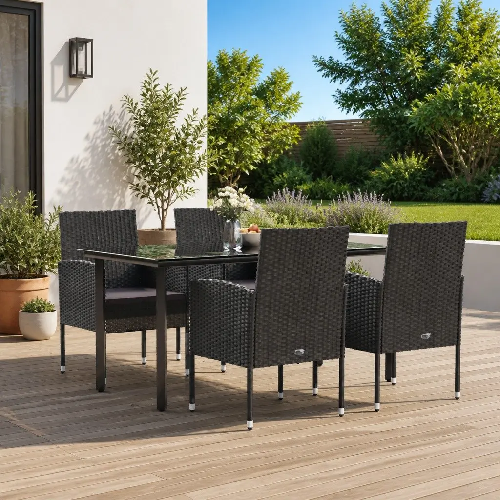 5 Piece Outdoor Dining Set Black Poly Rattan Garden Furniture Table Chairs